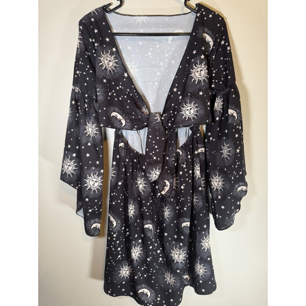 Black And White Bohemian Sun Moon Cut Out Dress With Bell Sleeves Size Small